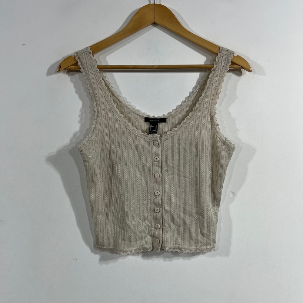 Forever 21 Ribbed Y2K Cottagecore Coquette Lace Trim Crop Top Medium Parisian